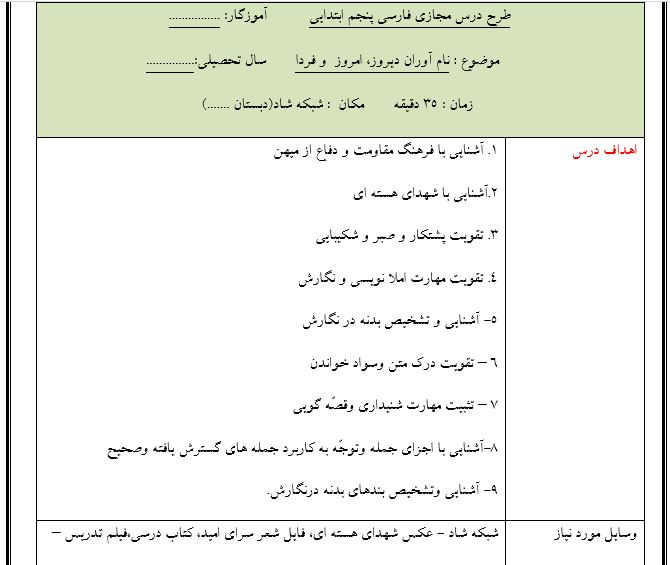 طرح درس مجازی فارسی پنجم ابتدایی - نام آوران دیروز، امروز  و فردا